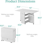 Best Choice Products Folding Dining Table, Multipurpose Space Saving Collapsible Drop Leaf Extension Desk w/Wheels, 3 Storage Shelves - White