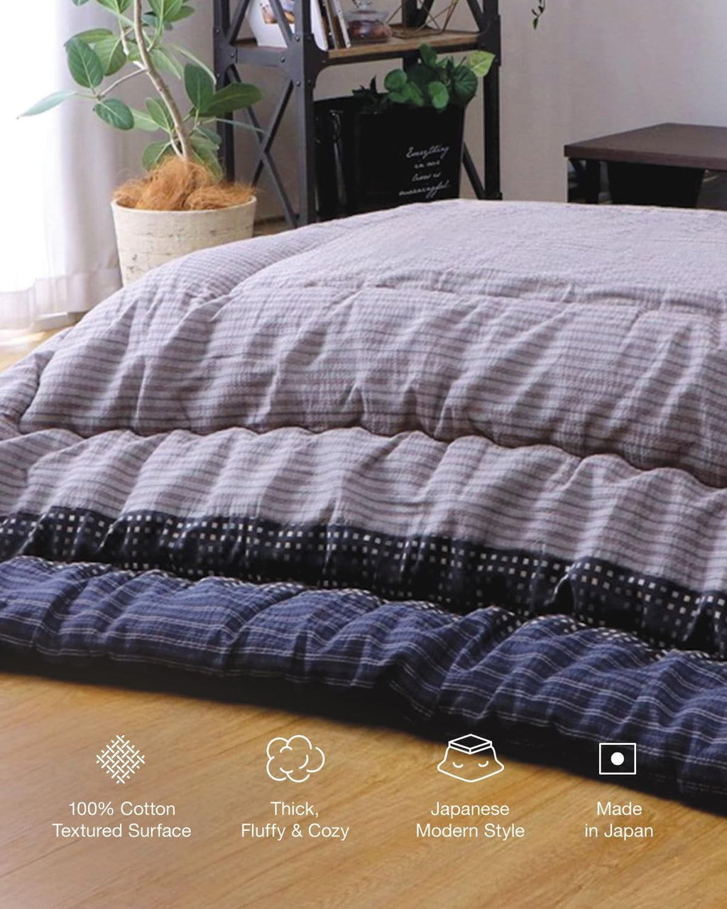 FULI Japanese Kotatsu Blanket, Warm Quilted Kotatsu Futon Comforter, 100% Cotton Top, Made in Japan, 81x96 in / 205x245 cm Rectangle (Black)