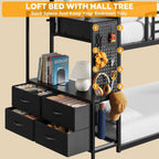 LIKIMIO Bunk Bed Twin Over Twin, House Bed Frame with 6 Storage Drawers,Hall Tree, Twin Bed with Metal Slats for Dormitory and Bedroom, Space Saving, No Box Spring Needed, Black