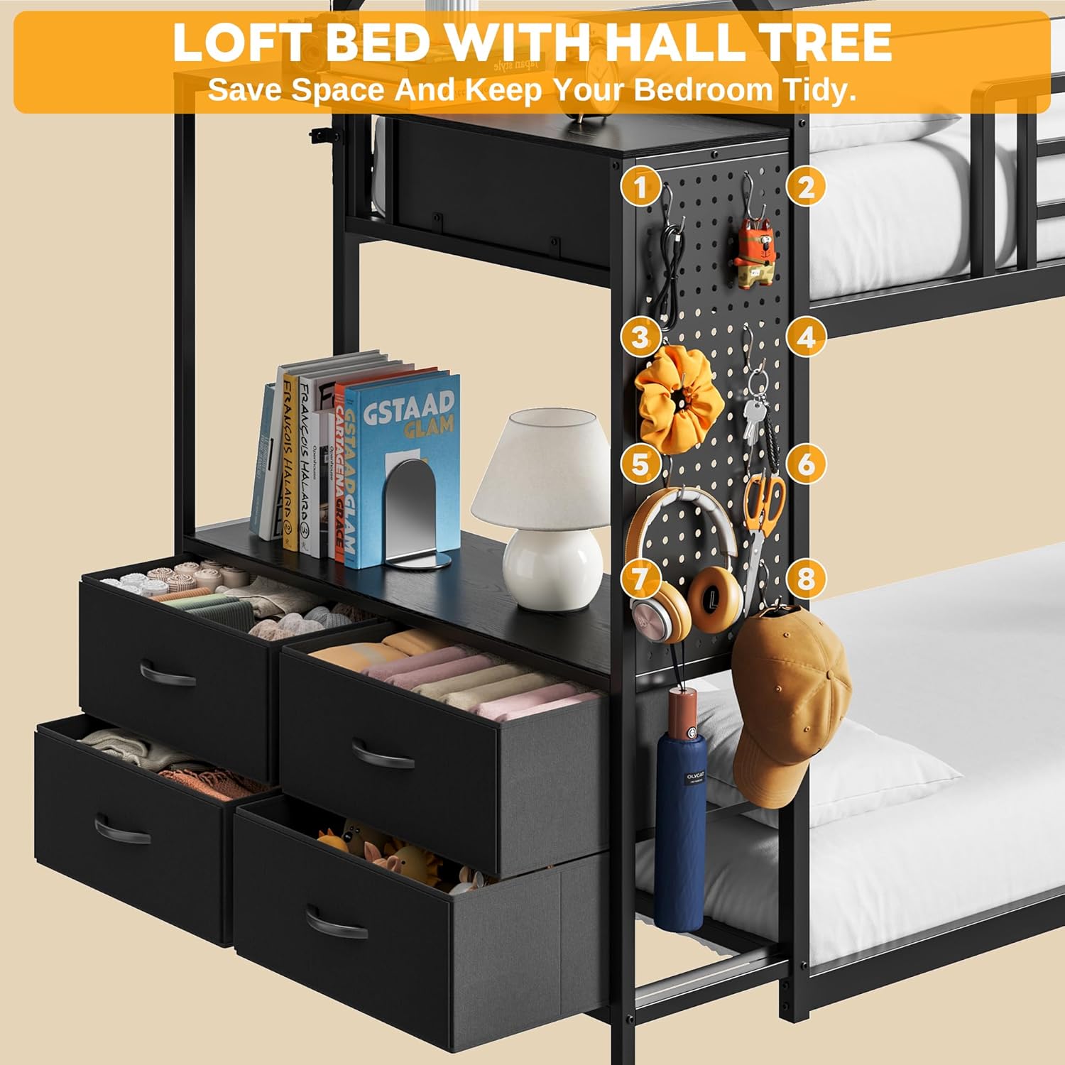 LIKIMIO Bunk Bed Twin Over Twin, House Bed Frame with 6 Storage Drawers,Hall Tree, Twin Bed with Metal Slats for Dormitory and Bedroom, Space Saving, No Box Spring Needed, Black