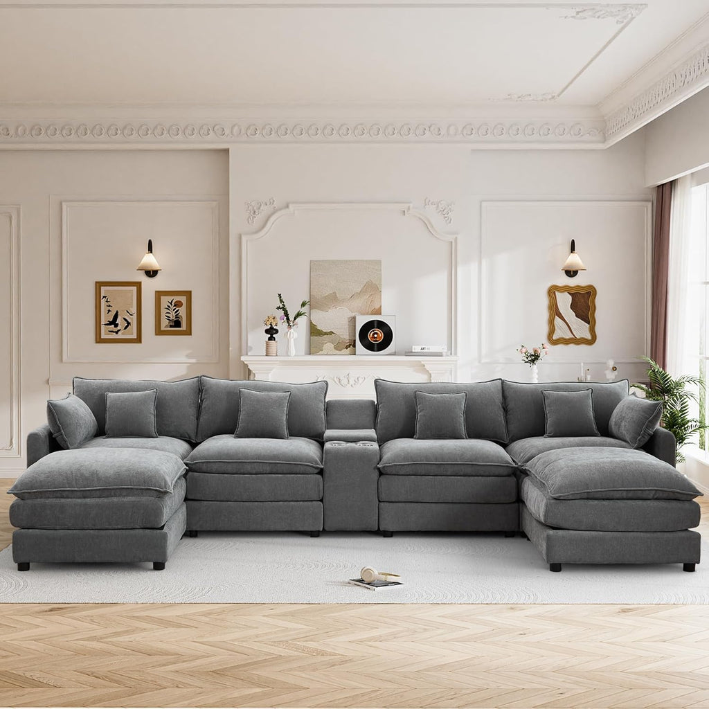 145" Cloud Couch Oversized U Shaped Grey Sectional Couches for Living Room, Big Soft Comfy Fluffy Chenille Couch Sectionals, Modular Sectional Sofa with Ottoman & Central Console