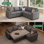 HONBAY Modular Sectional Sleeper Sofa with Pull Out Bed, Linen Convertible L Shaped Couch with Storage Seat, Sectional Couches for Living Room,Grey