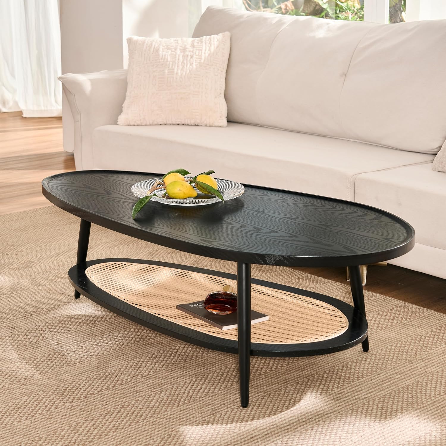 Shrine Oval Wood and Rattan Coffee Table, Mid-Century Modern Coffee Table, Two-Tier Black Walnut Table for Living Room, D47.2''x W25''x H15.3'', Walnut Wood Top and Woven Rattan Base