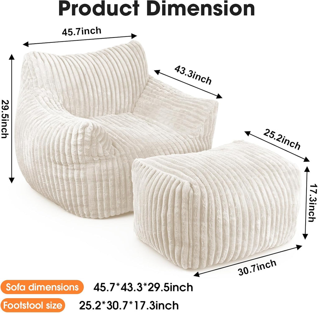 Giant Bean Bag Chair with Ottoman, Oversized Memory Foam Bean Bag Sofa for Adults and Kids, Large Comfy Fluffy Single Lounges Mini Couch for Living Room, Bedroom & Dorm(Beige)