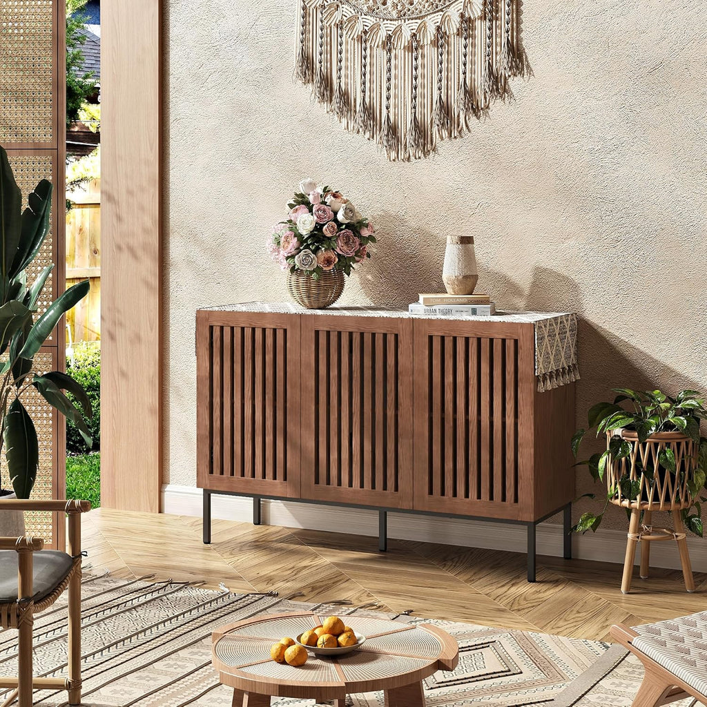 BVIUNTWO Buffet Cabinet, Modern Credenza Storage Cabinet with Adjustable Shelves and Metal Base, 47 Inch Wood Multifunctional Console Table for Kitchen, Living Room, Entryway, Brown