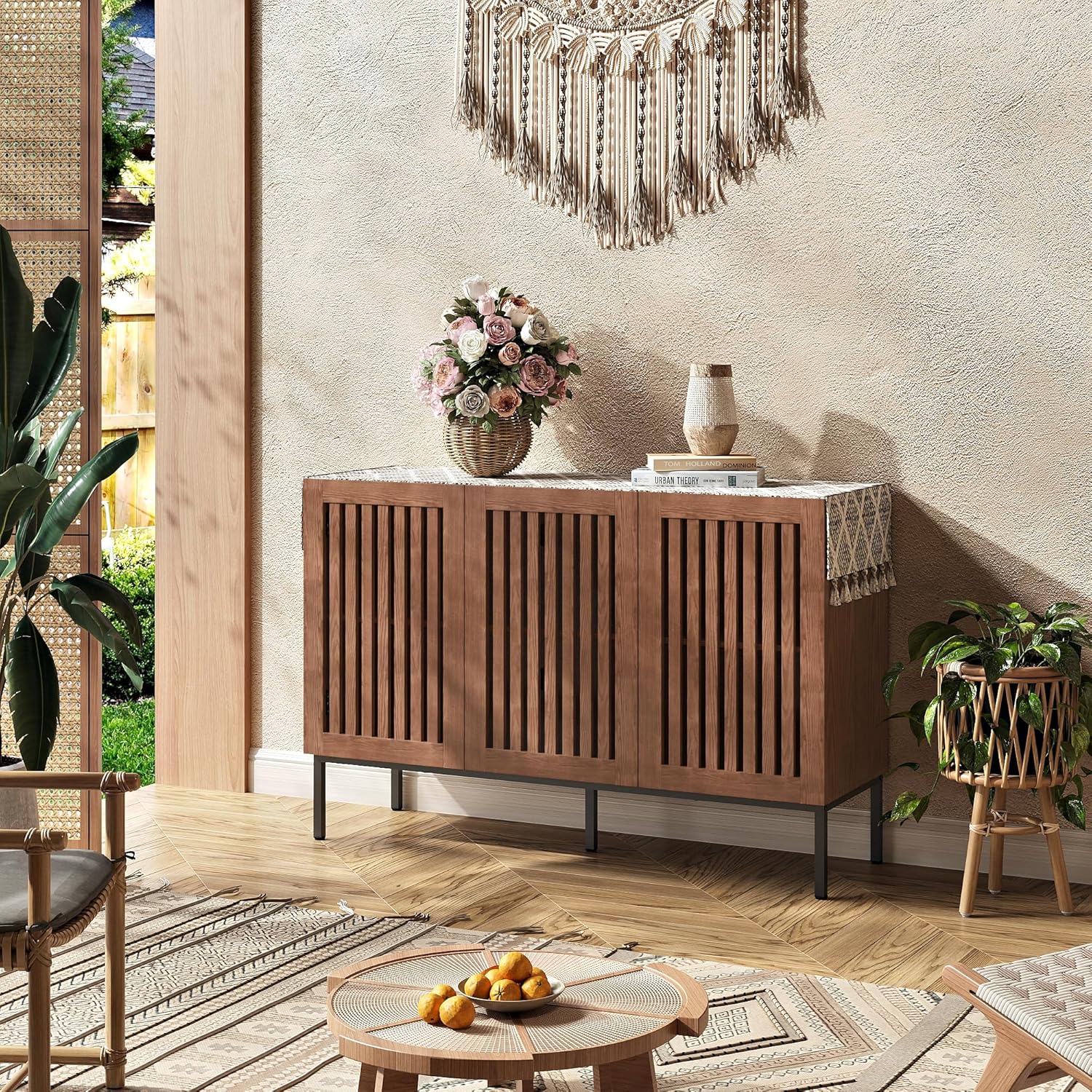 BVIUNTWO Buffet Cabinet, Modern Credenza Storage Cabinet with Adjustable Shelves and Metal Base, 47 Inch Wood Multifunctional Console Table for Kitchen, Living Room, Entryway, Brown