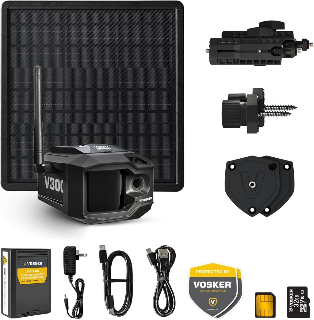 Vosker V300 Ultimate Farmers Pack Outdoor Security Camera with External Solar Panel for Farms Pastures and Greenhouses 4G LTE Black Single Unit with Battery