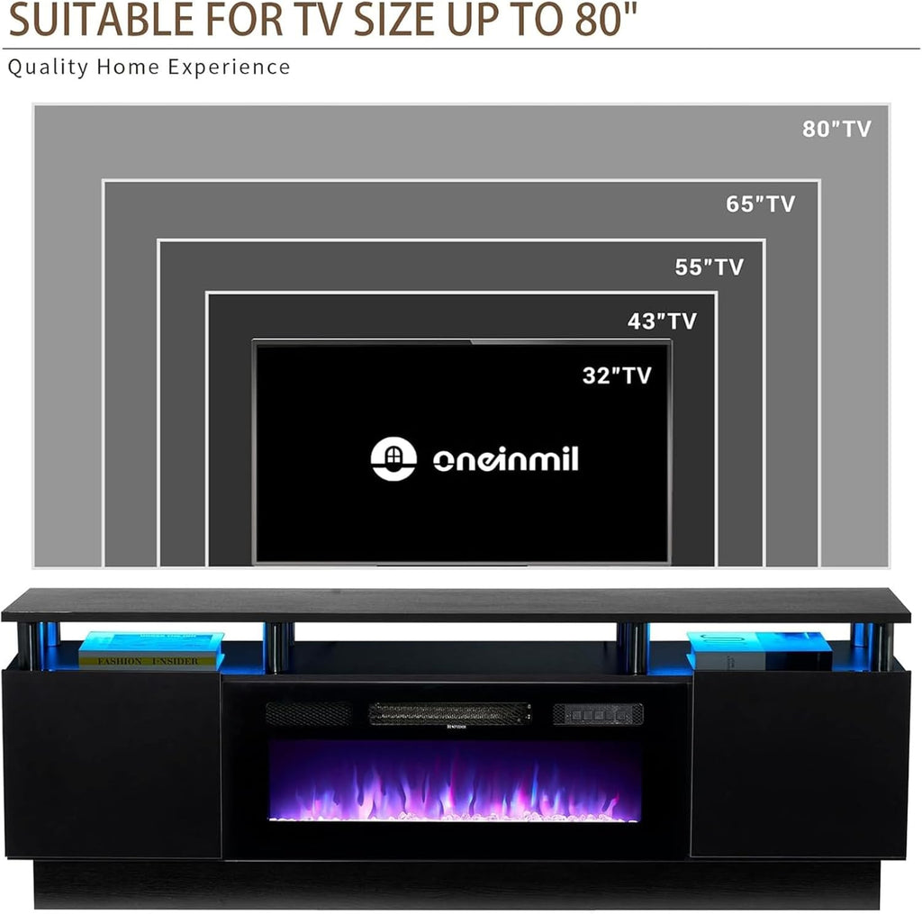 oneinmil 2 Tier TV Console Stand with 36" Electric Fireplace, LED Light Entertainment Center for TVs Up to 80" for The Living Room, 70", Black