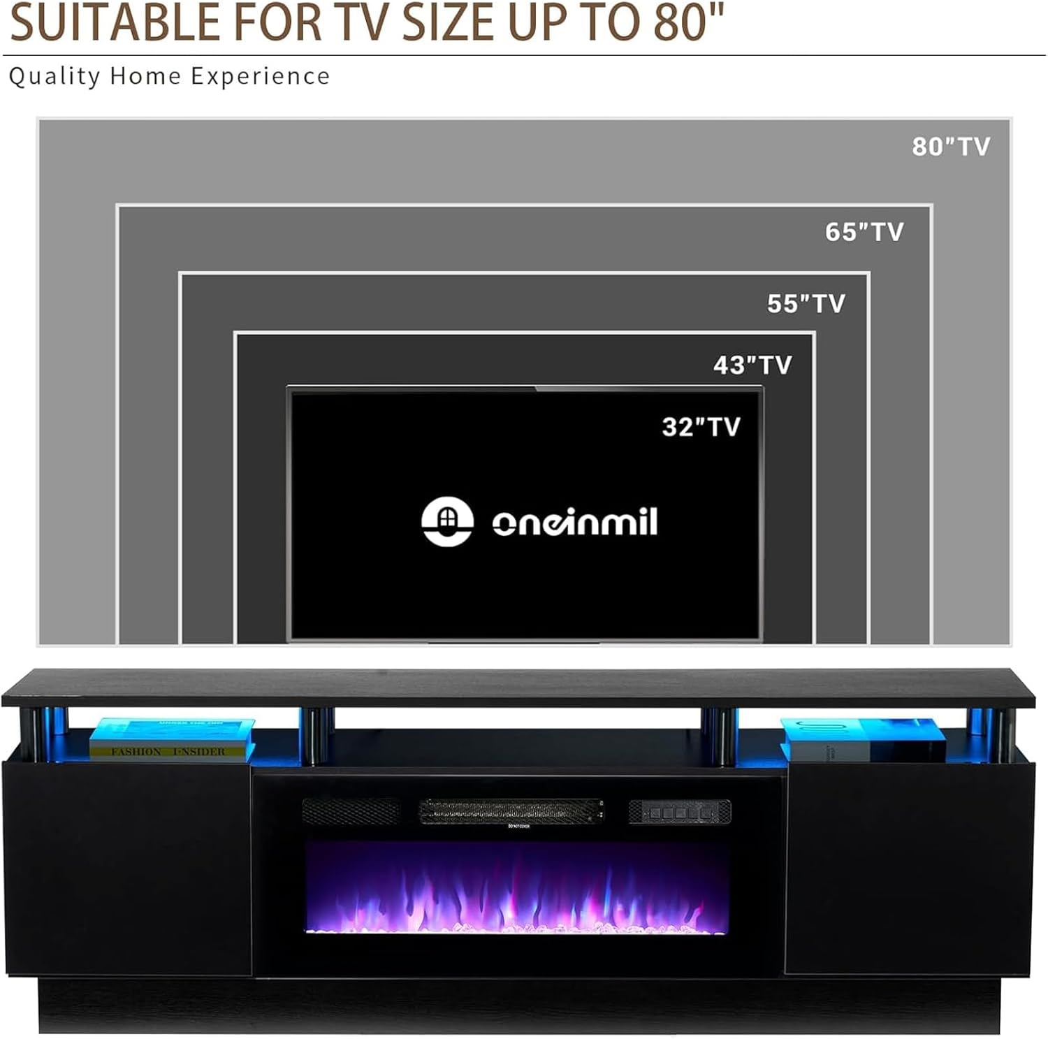 oneinmil 2 Tier TV Console Stand with 36" Electric Fireplace, LED Light Entertainment Center for TVs Up to 80" for The Living Room, 70", Black