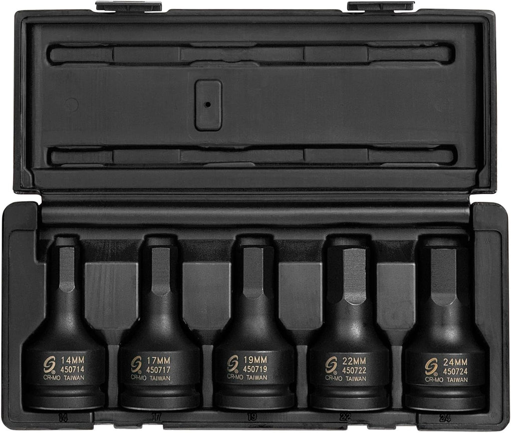 SUNEX TOOLS 4507, 3/4 Inch Drive Impact Hex Driver Set, 5-Piece, Metric, 14mm-24mm, Cr-Mo Steel, Dual Size Markings, Heavy Duty Storage Case