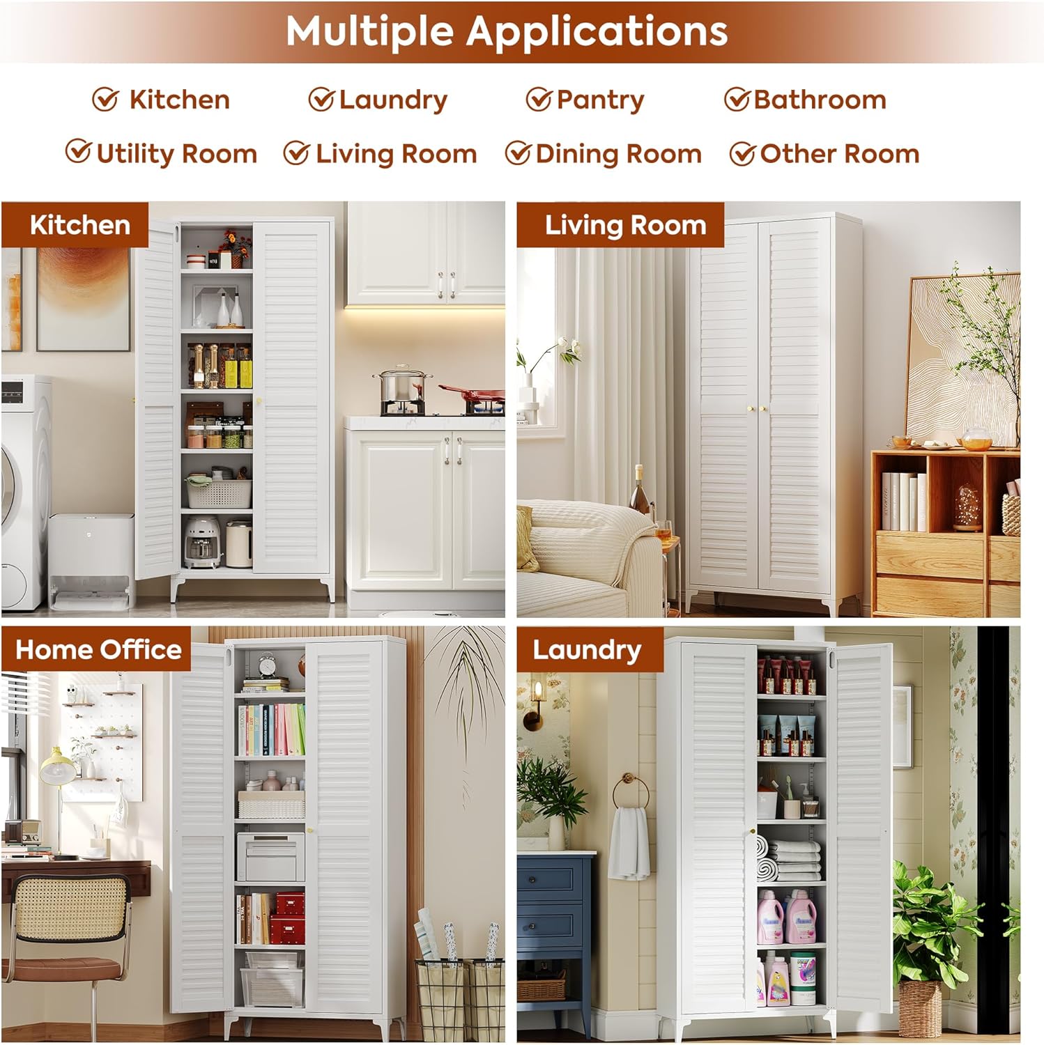 Metal Kitchen Pantry Cabinet with 2 Doors,Metal Pantry Cabinet with 5 Adjustable Shelves for Kitchen,Home,74.2" H × 31.5" W × 15.75" D,Required Assembly, White