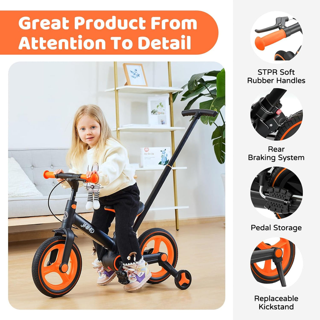 JMMD 6 in 1 Toddler Bike with Push Handle for Kids 18-60 Months, 12" Foldable Balance Bike with Training Wheels, Pedals, Brakes, Kickstand, Push Tricycle Toddler Gift & Toys for Boy & Girl