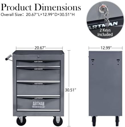 Iron-Top Rolling Tool Chest with Lockable Wheels and Side Handles, 7-Drawer Tool Storage Cabinet with Ball Bearing for Garage, Repair Shop, Required Assembly, Large Storage Capacity (Iron, 4-Gray)