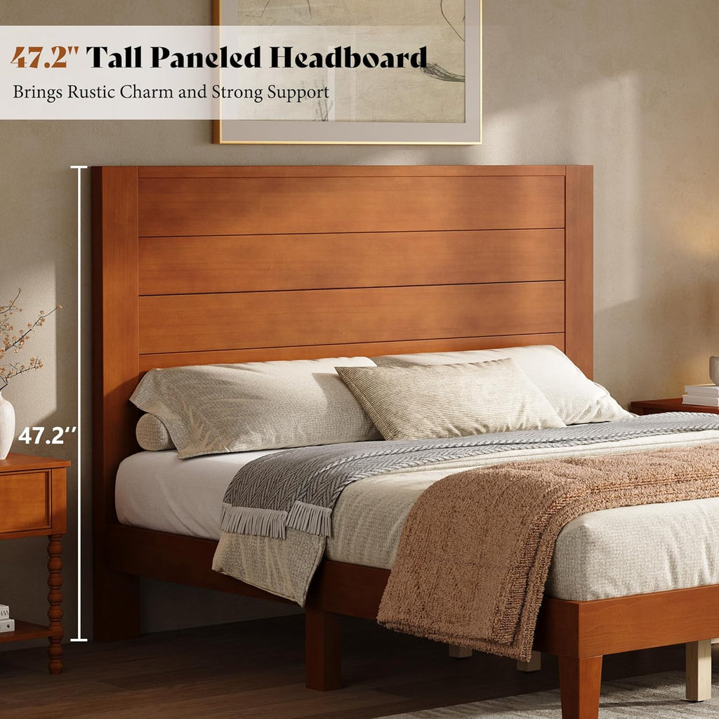 AMERLIFE Queen Sizes Solid Wood Bed Frame with 48" Headboard, Mid Century Modern Platform Bed with Silent Wood Slat System, No Box Spring Needed, Under-Bed Storage, Brown