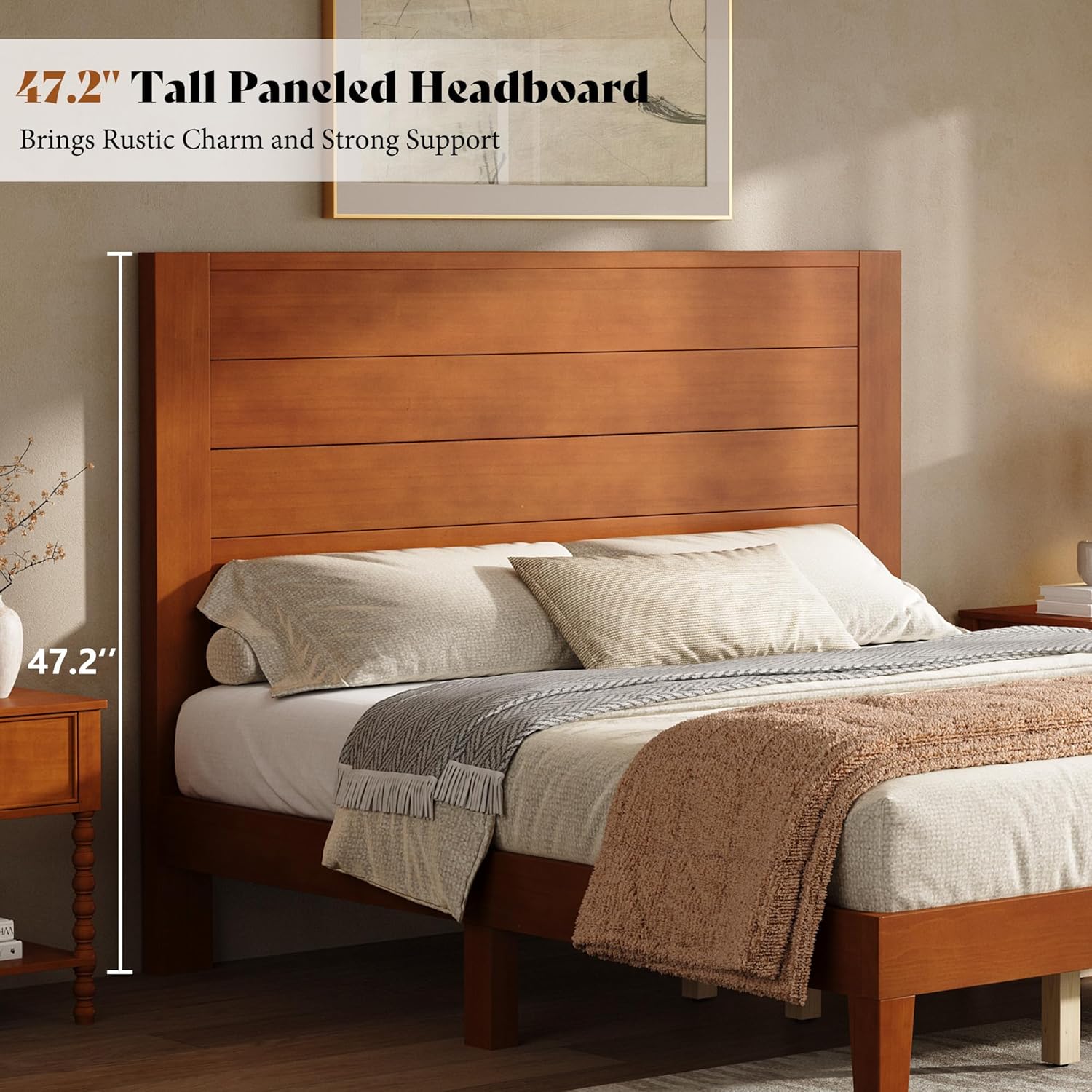 AMERLIFE Queen Sizes Solid Wood Bed Frame with 48" Headboard, Mid Century Modern Platform Bed with Silent Wood Slat System, No Box Spring Needed, Under-Bed Storage, Brown