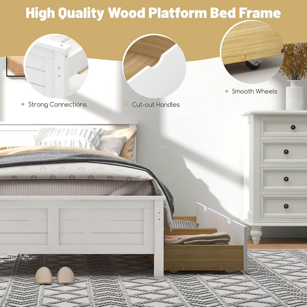GOFLAME Twin Size Bed Frame with 2 Drawers, Platform Bed with Solid Wood Headboard & Footboard, Wood Slats Support Mattress Foundation, Under Bed Storage, No Box Spring Needed, Easy Assembly, White