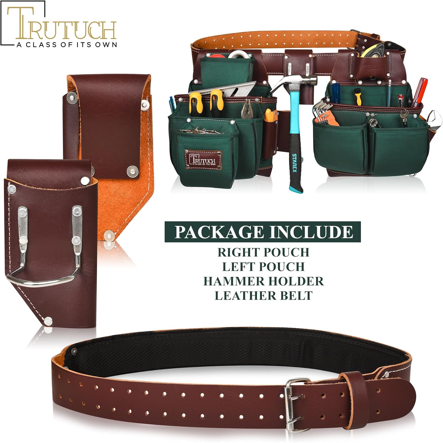 Nylon and Leather Tool Belt | Framing Tool Bags/Pouch | for Carpenter, Construction, Framers & Electrician (Green)