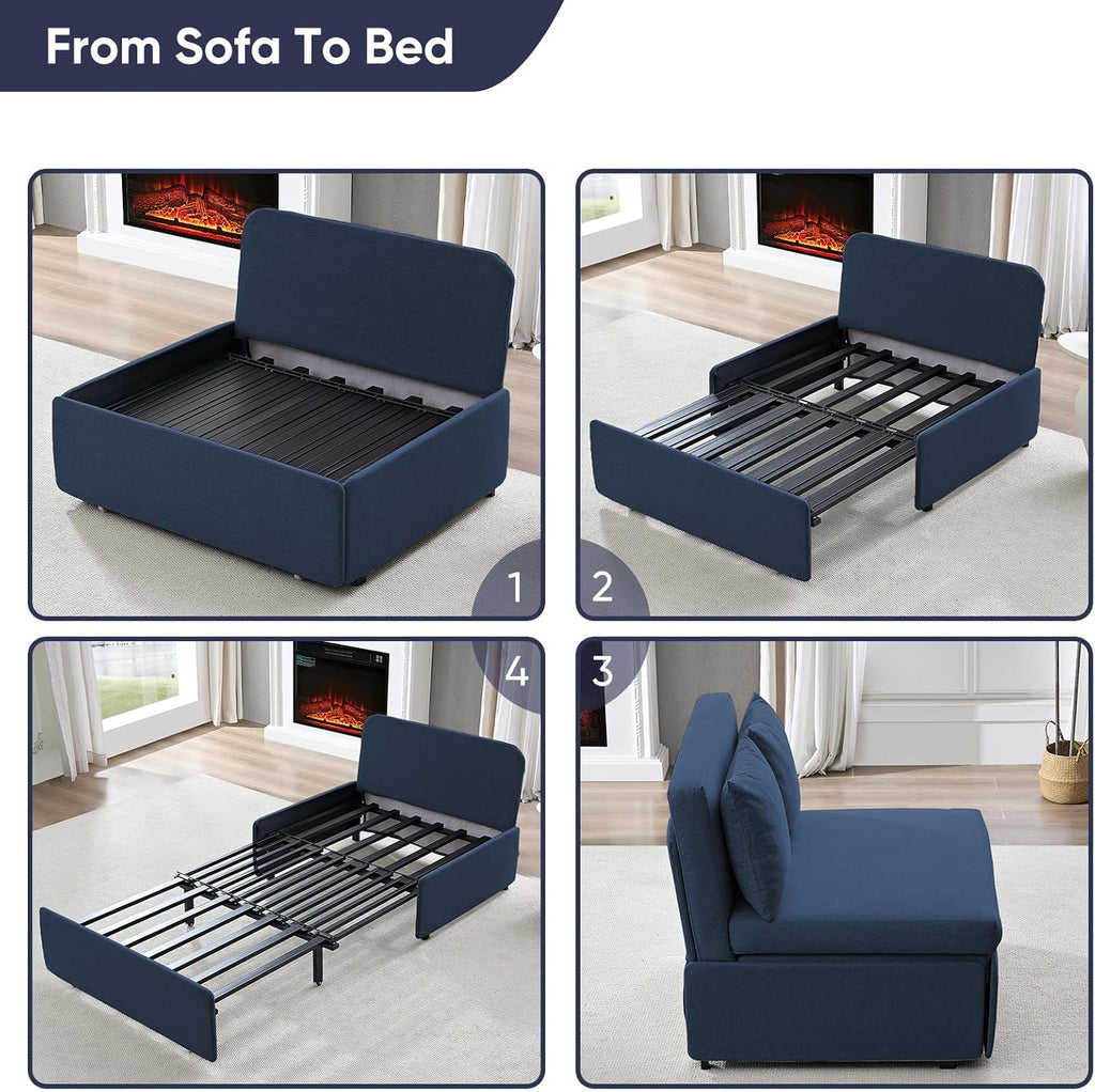 ijuicy 3 in 1 Twin Size Pull Out Sofa Bed Linen Sleeper Sofa with Pullout Bed, Convertible Loveseat Couch Beds with Pillows and Tri-fold Mattress for Small Space Apartment, Dark Blue