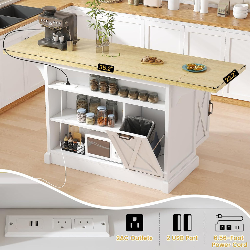 Bigbiglife 71.3" Large Kitchen Island with Drop Leaf, Power Outlet, Kitchen Island Cart w/ 3 Solid Drawers, Island Table with Trash Storage Cabinet & 3 Large Storage Rack, Spice Rack, White