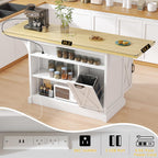 Bigbiglife 71.3" Large Kitchen Island with Drop Leaf, Power Outlet, Kitchen Island Cart w/ 3 Solid Drawers, Island Table with Trash Storage Cabinet & 3 Large Storage Rack, Spice Rack, White