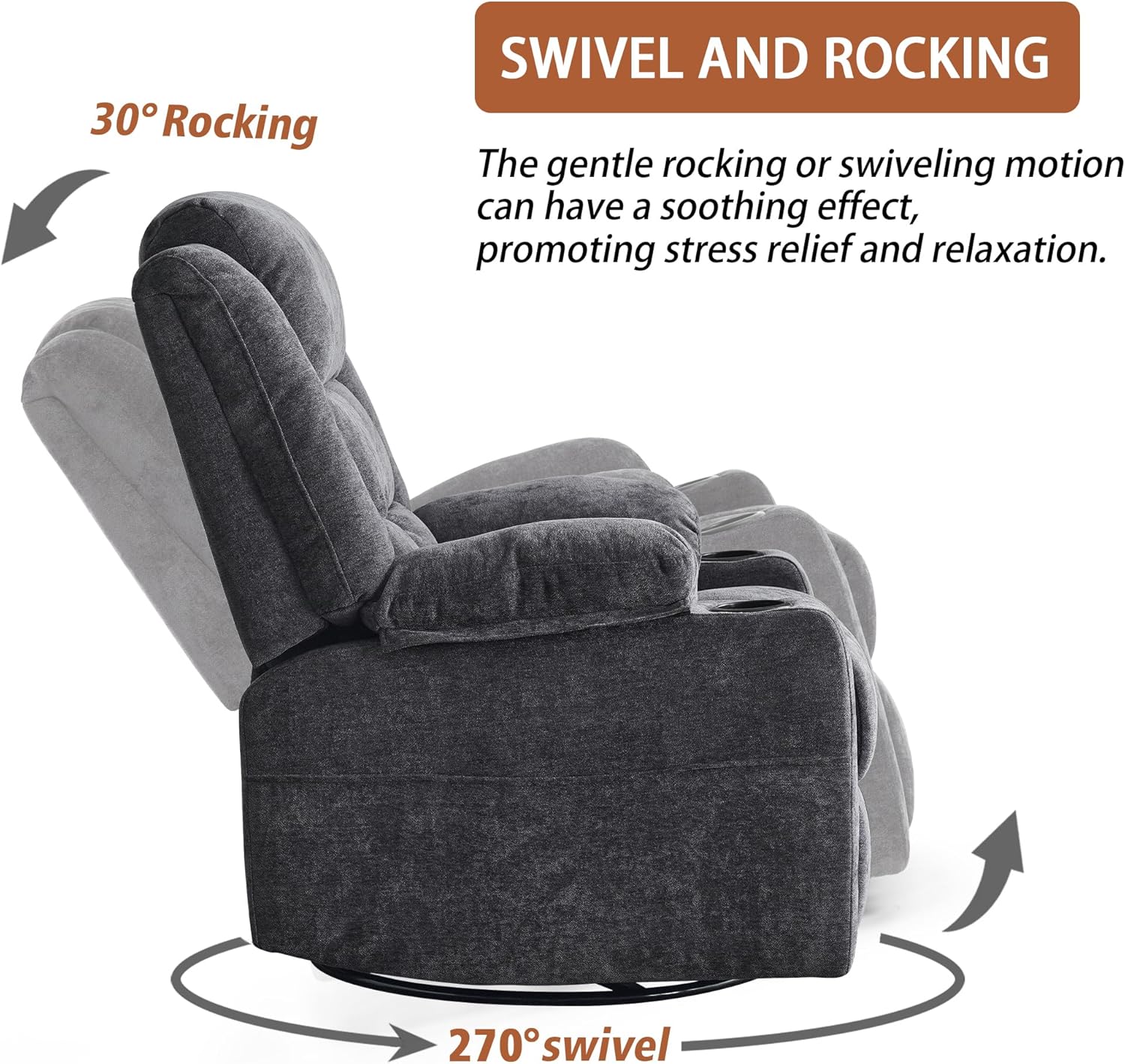 Power Swivel Rocker Recliner Chair for Adults with Massage and Heat, USB and Type-C Ports, Infinite Position, Electric Glider Reclining Single Sofa Chair for Living Room (Dark Grey Fabric)