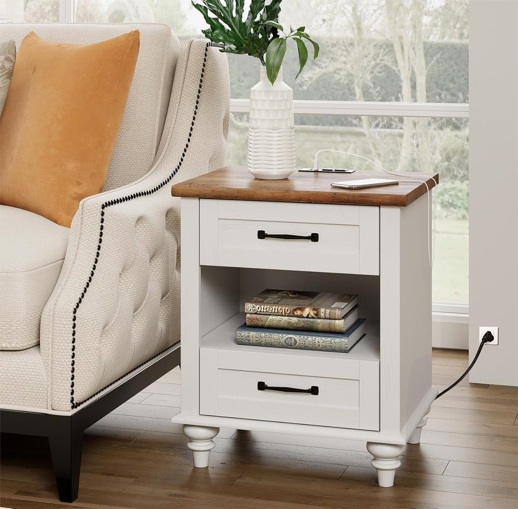 WAMPAT Off White Nightstand with 2 Drawers, Wooden End Table with Charging Station, Mid Century Modern Side Table Bedside Table for Bedroom & Living Room, 20 Inch