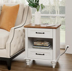 WAMPAT Off White Nightstand with 2 Drawers, Wooden End Table with Charging Station, Mid Century Modern Side Table Bedside Table for Bedroom & Living Room, 20 Inch