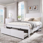 Modern Queen Size Bed Frame with 50" Tall Headboard, Wood Queen Size Platform Bed Frame w/3 Storage Drawers, Curved Profile Design, Wood & Steel Platform Bed, No Box Spring Needed, White
