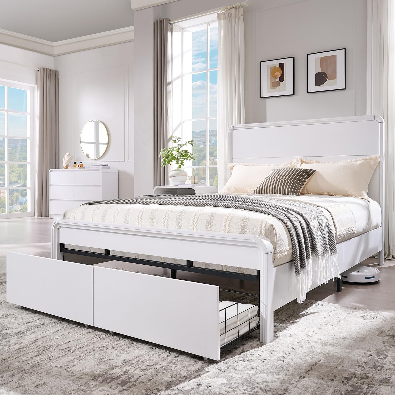 Modern Queen Size Bed Frame with 50" Tall Headboard, Wood Queen Size Platform Bed Frame w/3 Storage Drawers, Curved Profile Design, Wood & Steel Platform Bed, No Box Spring Needed, White