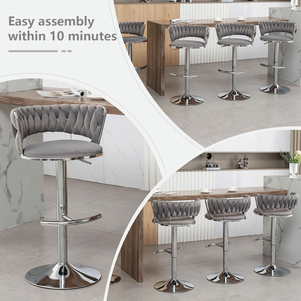 Velvet Bar Stools Set of 4, Counter Height Bar Stools with Low Back, Modern Adjustable Barstools, 360° Swivel Bar Chairs for Kitchen Island (Grey)
