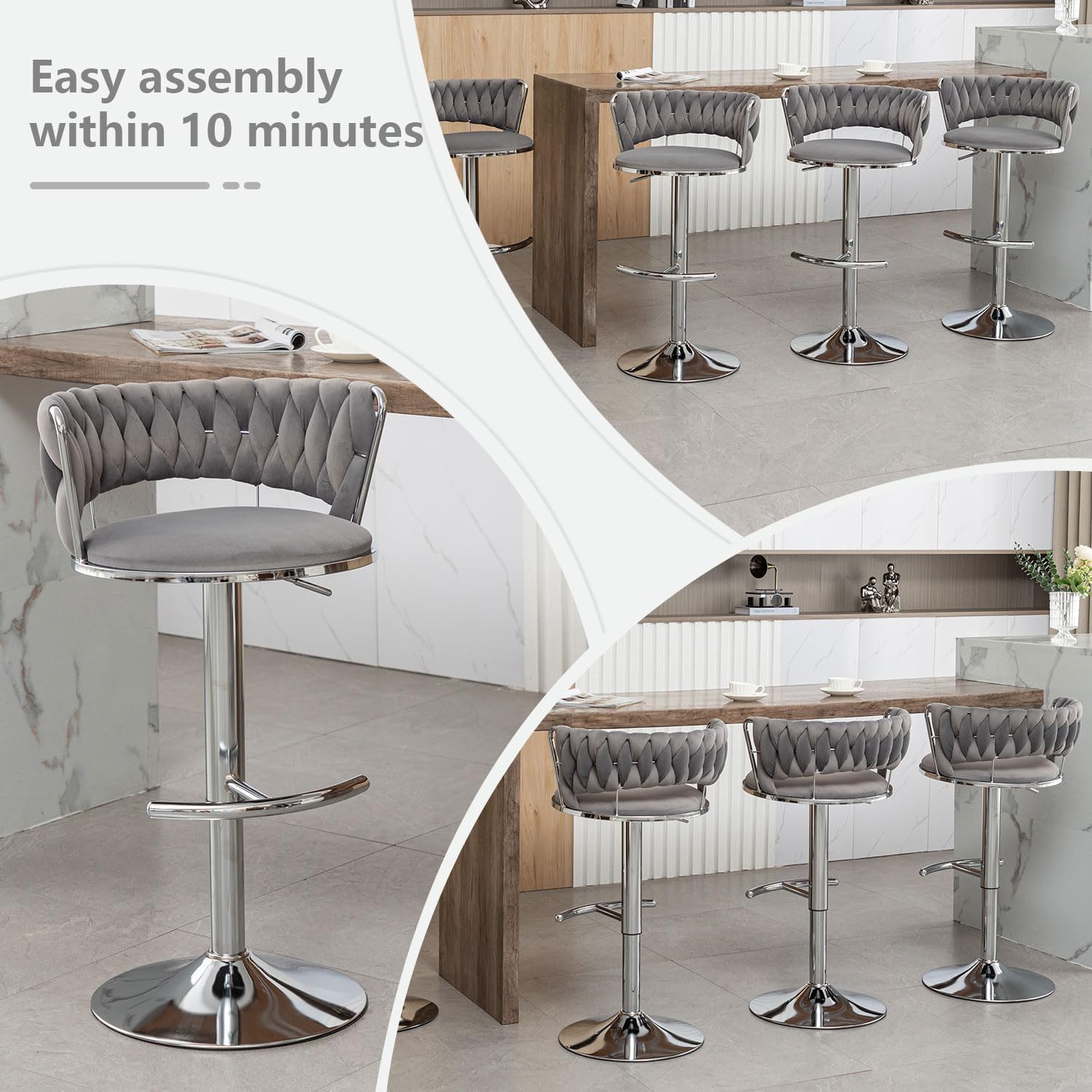 Velvet Bar Stools Set of 4, Counter Height Bar Stools with Low Back, Modern Adjustable Barstools, 360° Swivel Bar Chairs for Kitchen Island (Grey)