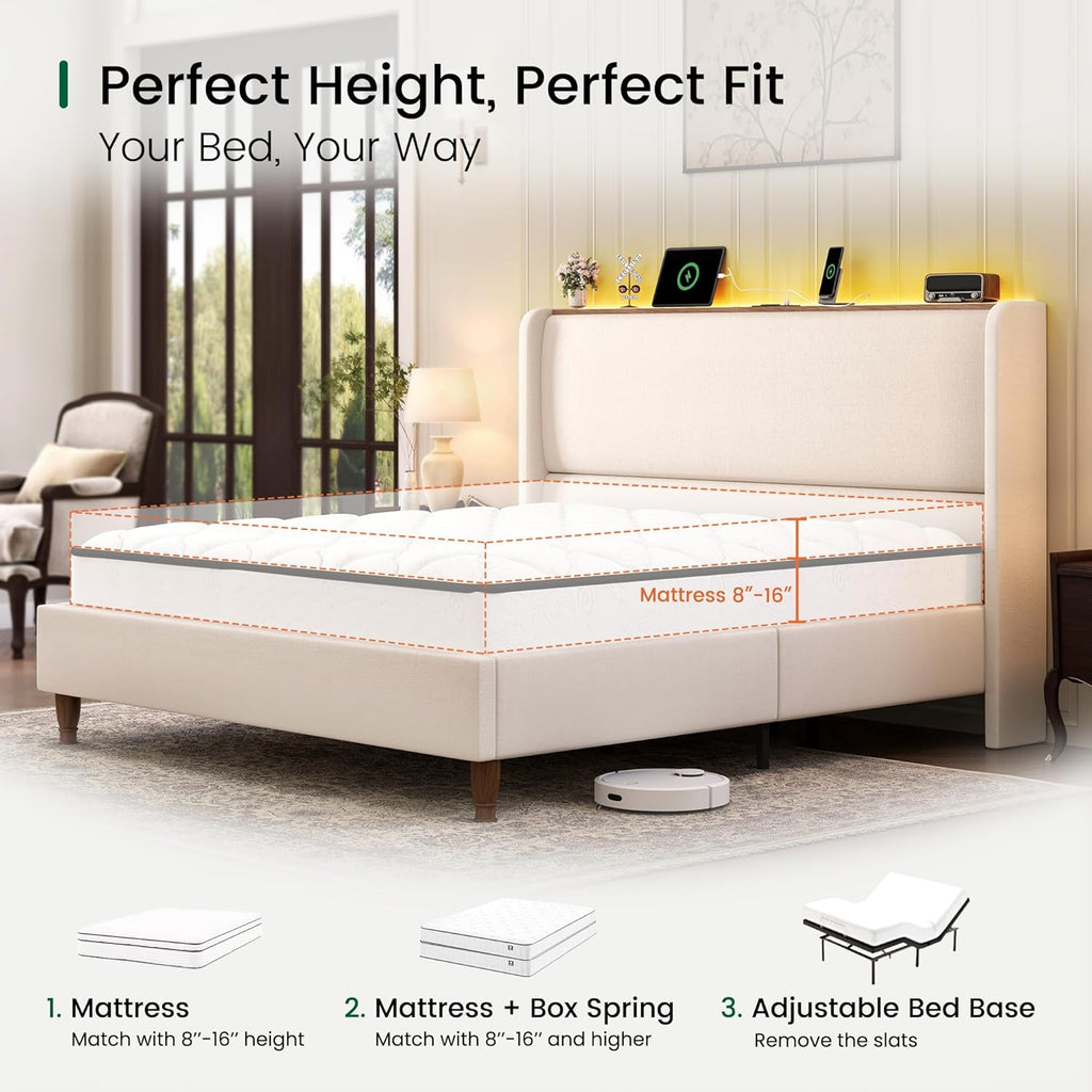 LARMACE King Size Bed Frame with LED Lights and Charging Station Linen Upholstered Platform Bed Frame with 51.2" Tall Wingback Headboard and Storage Shelf, No Box Spring Needed, Easy Assembly, Beige