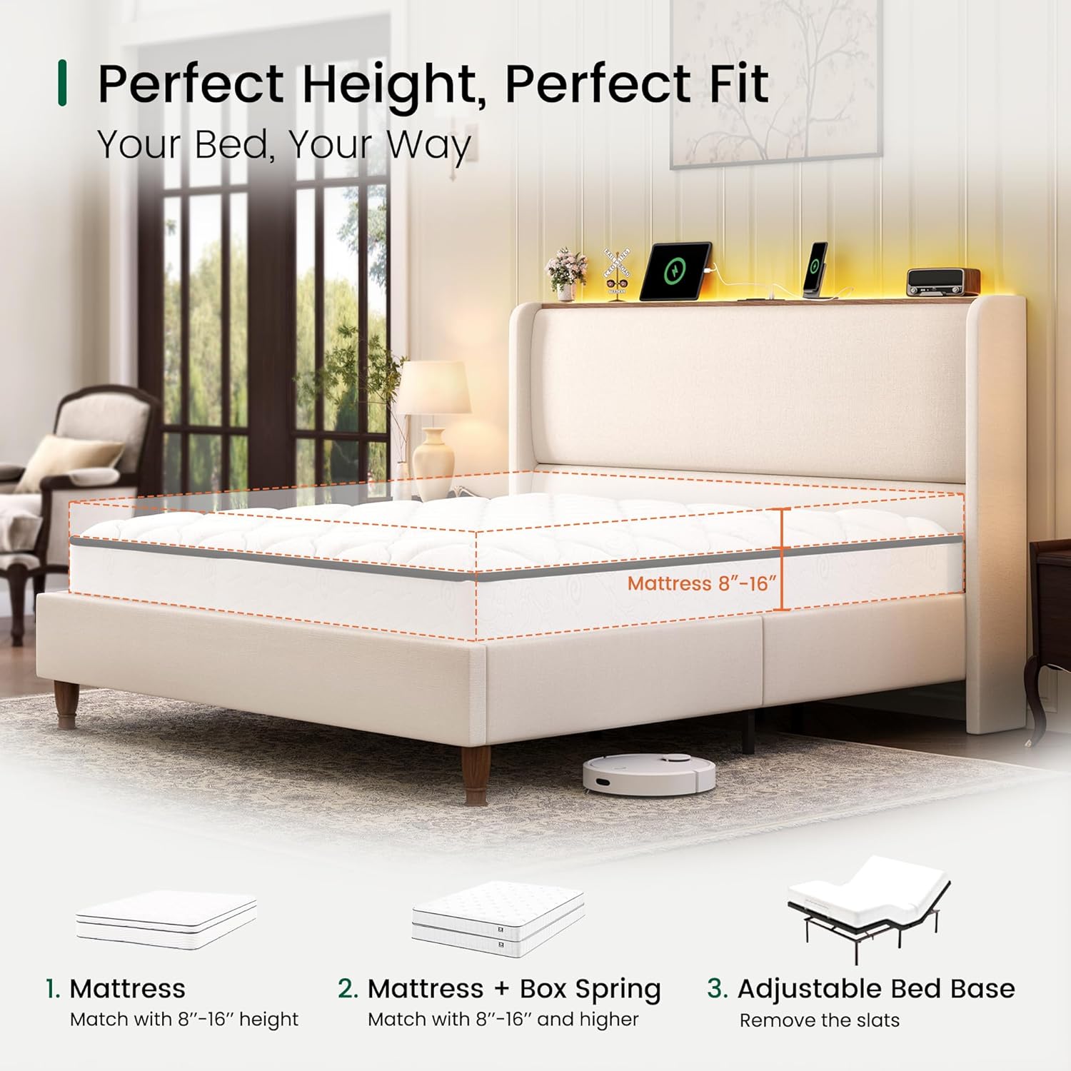 LARMACE King Size Bed Frame with LED Lights and Charging Station Linen Upholstered Platform Bed Frame with 51.2" Tall Wingback Headboard and Storage Shelf, No Box Spring Needed, Easy Assembly, Beige