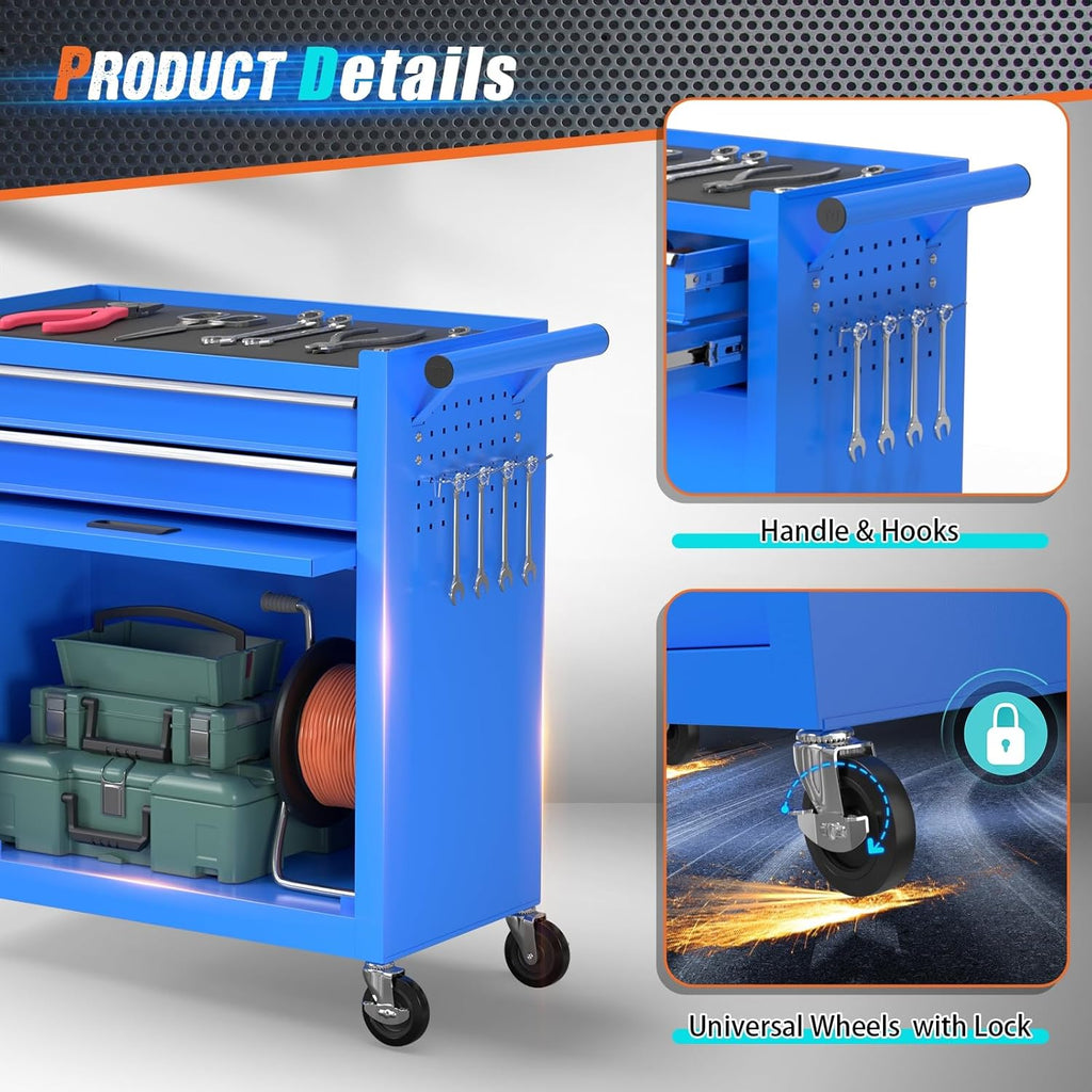 8-Drawer Rolling Tool Chest with Wheels, 2-in-1 Detachable Tool Box with Drawers and Large Cabinet, Rolling Tool Chest Storage Cabinet with Lockable for Warehouse, Garage, Workshop (Blue)