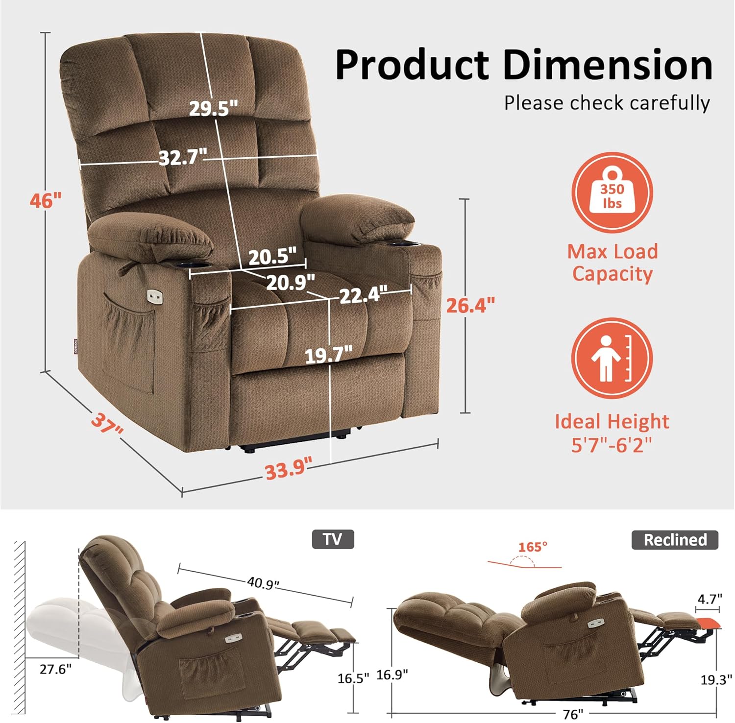MCombo Large Dual Motor Power Lift Recliner Chair for Elderly, Massage and Heat, Lay Flat, Zero Gravity, Home Button, USB Port, Fabric 7680 (Large, Brown)