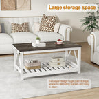 Farmhouse Coffee Table, White OakCoffee Table for Living Room, 2-Tier Rectangular Wooden Centre Cocktail Table with Slats Shelf Storage and V-Shaped Frame Modern Coffee Table Dark Oak