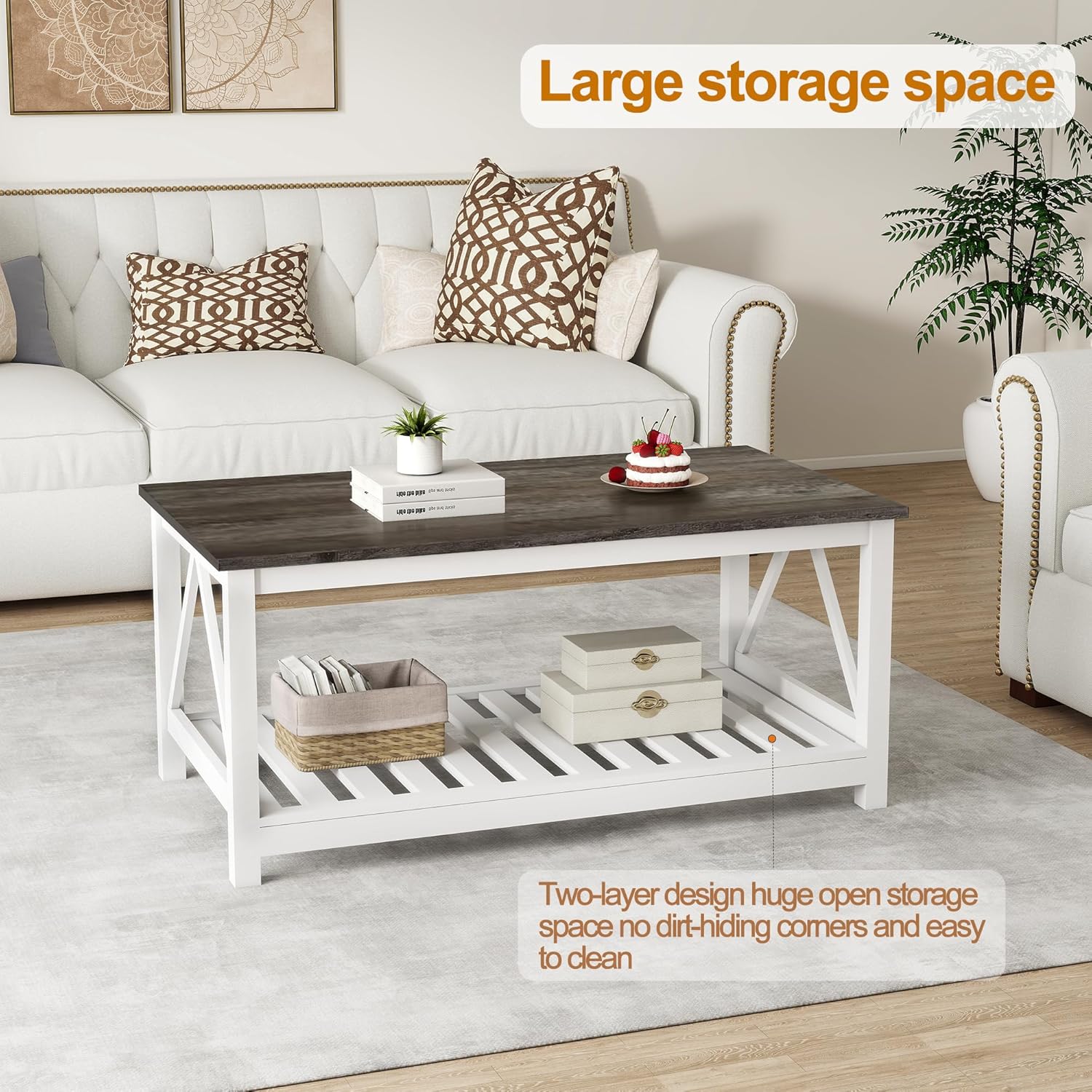 Farmhouse Coffee Table, White OakCoffee Table for Living Room, 2-Tier Rectangular Wooden Centre Cocktail Table with Slats Shelf Storage and V-Shaped Frame Modern Coffee Table Dark Oak