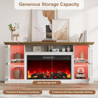 Farmhouse Fireplace TV Stand Up to 80" TVs, 70" Modern Highboy Entertainment Center with 36" Electric Fireplace & LED Lights, Media Console with Adjustable Shelves for Living Room, Antique White