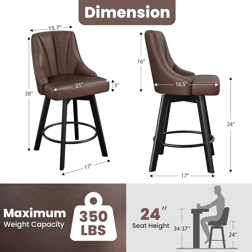 Swivel Bar Stools with Backs, 24" Counter Height Bar Stools Set of 2, PU Leather Upholstered Counter Barstools with Solid Wood Legs for Kitchen Island, Home Bar, Brown