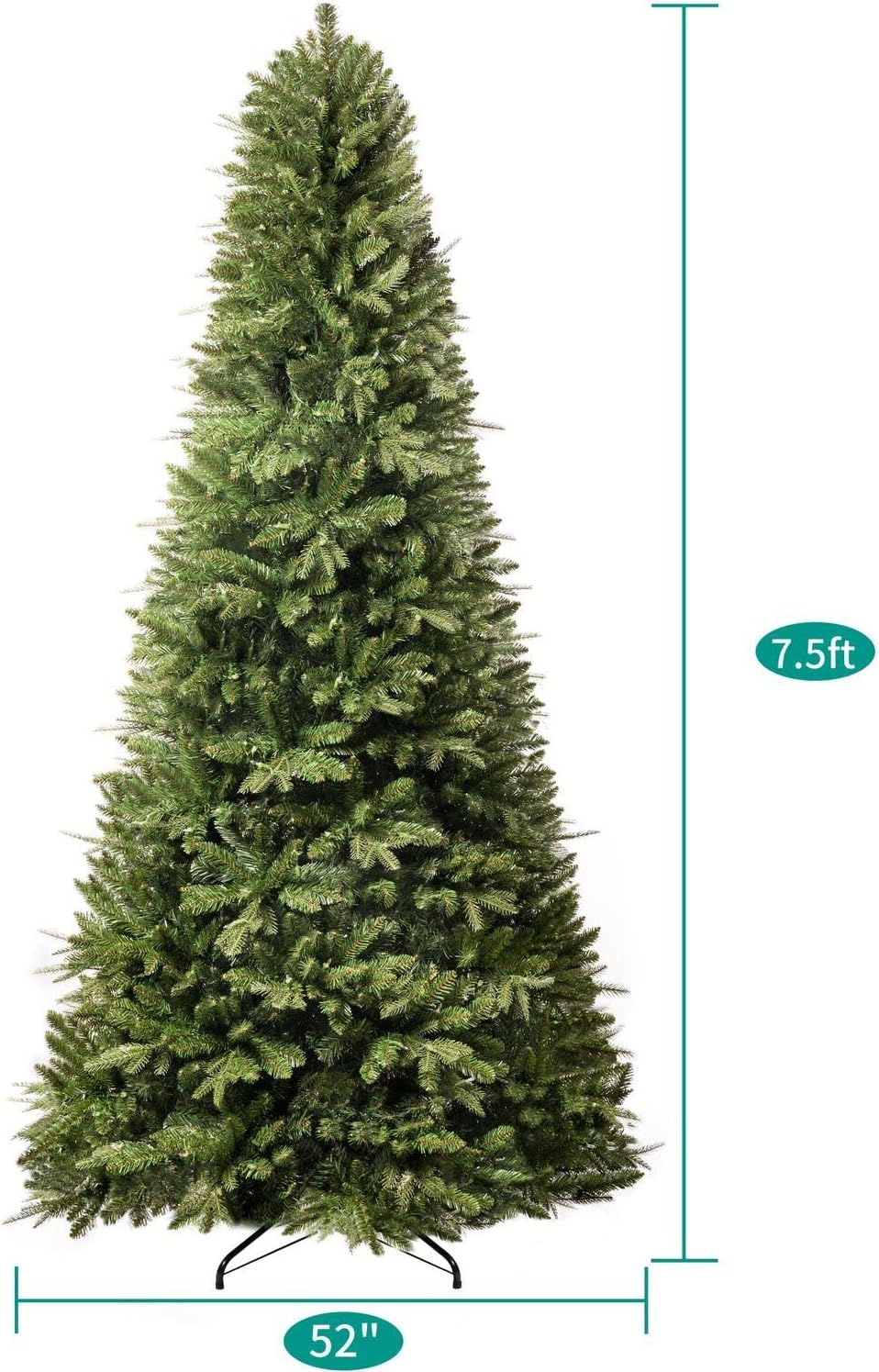 Naomi Home Traditional 7.5ft Prelit Artificial Christmas Tree with 1746 Branch Tips, 550 Warm Lights and Metal Stand, 52" Wide Realistic Fir Christmas Tree with Lights