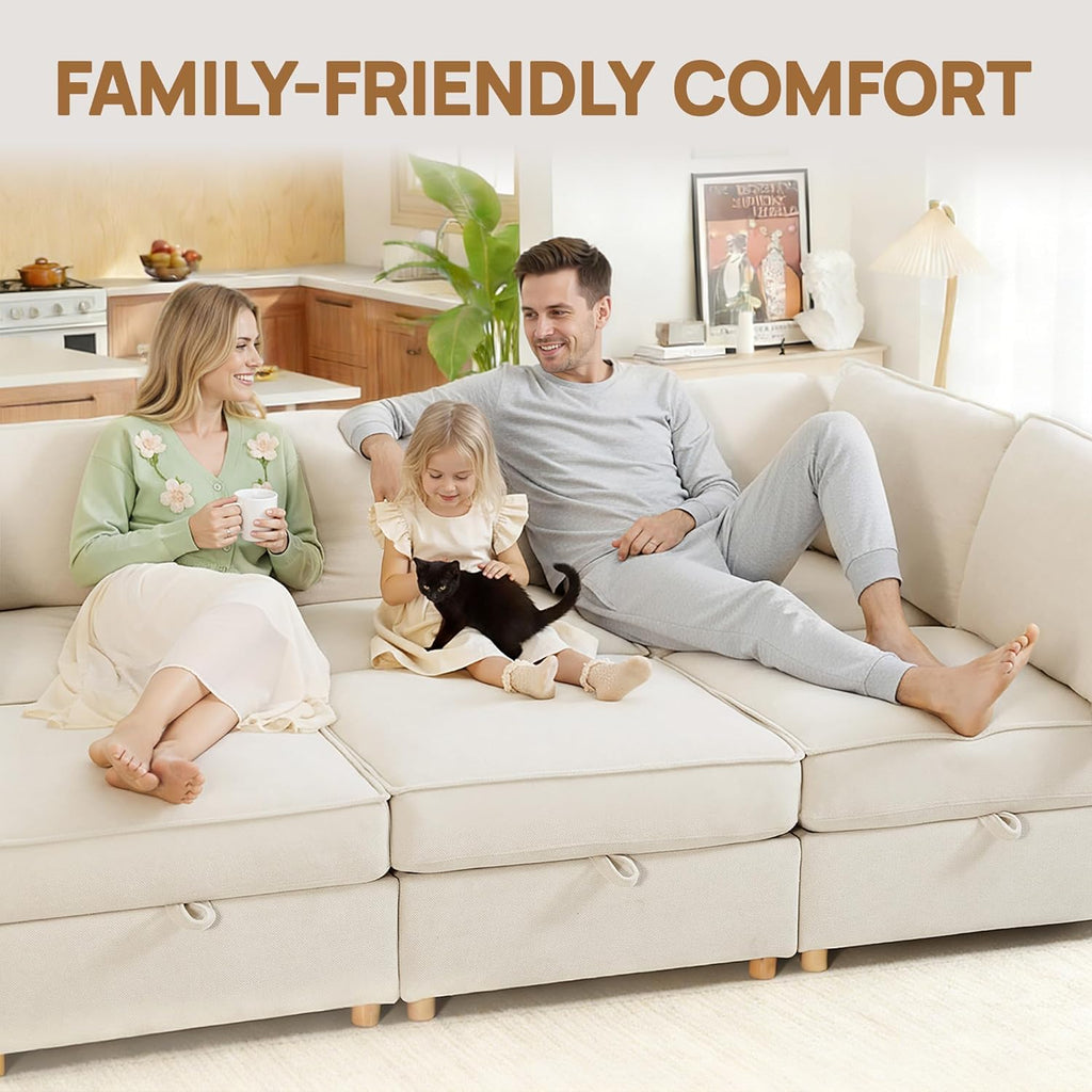 99" Chenille Modular Sectional Sofa Bed Hidden Storage, Convertible L U Shaped Sleeper Couch, 6 Seat Modern Modular Sectional Sofa with Washable Covers & Ottoman Chaise, for Living Room, Beige
