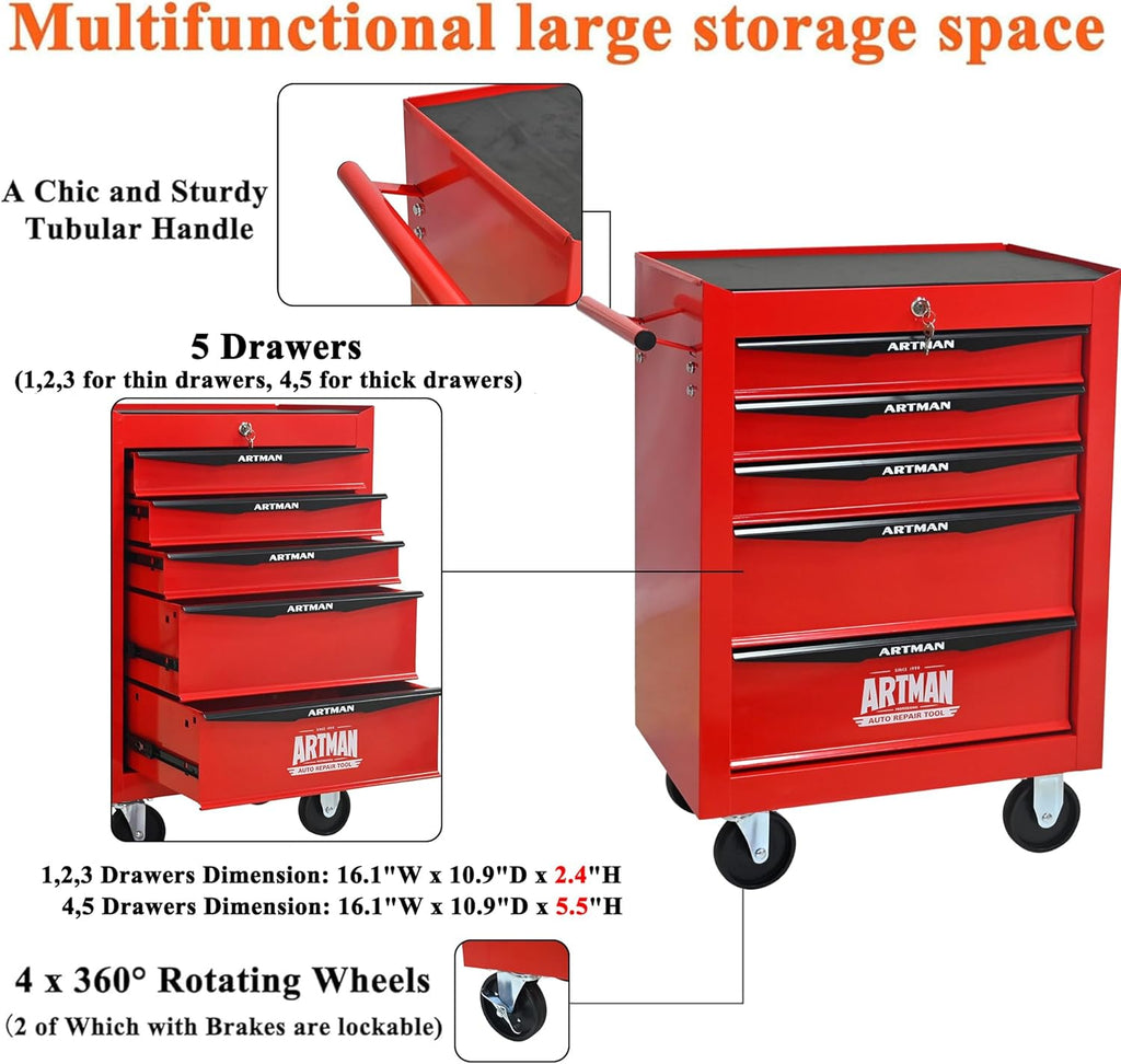 5 Drawers Rolling Tool Box on Wheels, Multifunctional Tool Cart, Drawers Rolling Trolley Organizer Tool Storage Chest for Warehouse,Garage,Workshop,Repair Shop (5 Drawers-30.5"H)