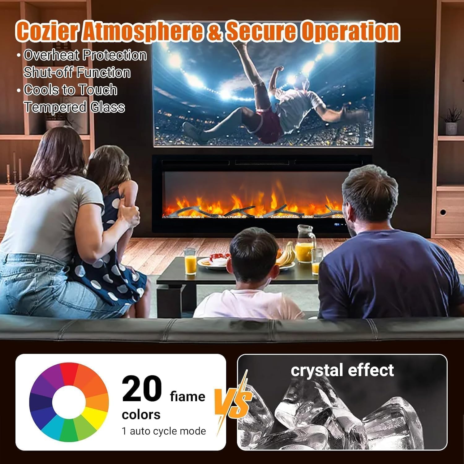 60" Recessed and Wall Mounted Electric Fireplace, Smart WiFi Infrared Electric Fireplace with Remote Control, Adjustable Flame Color, 750/1500W Fireplace Heater and Linear Fireplace, Black