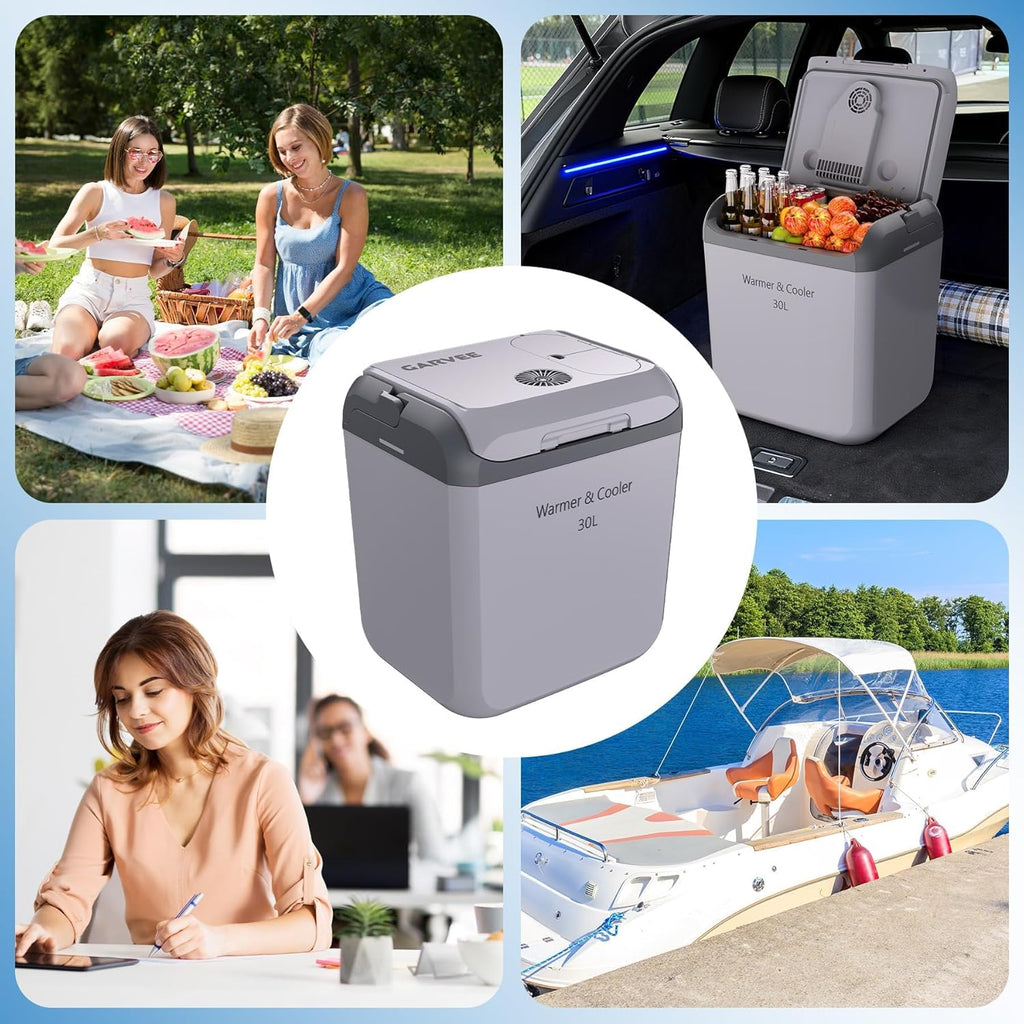 Portable Electric Car Cooler & Warmer 30L – Thermoelectric 12V/110V Refrigerator with Handle – Dual Power Plug-in Fridge for Vehicle, Truck, Camping, Travel – Light Gray, 30L