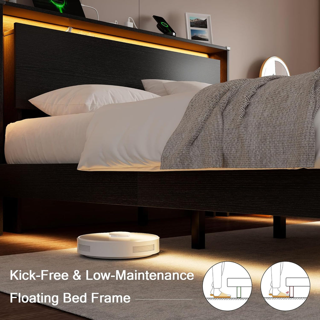 Bed Frame Queen Size with LED Lights & Charging Station – Kids Wood Floating Queen Bed Frame with Storage Headboard, Adhesive Slats, Kick-Free & Noise-Free Design, Easy Assembly, Black