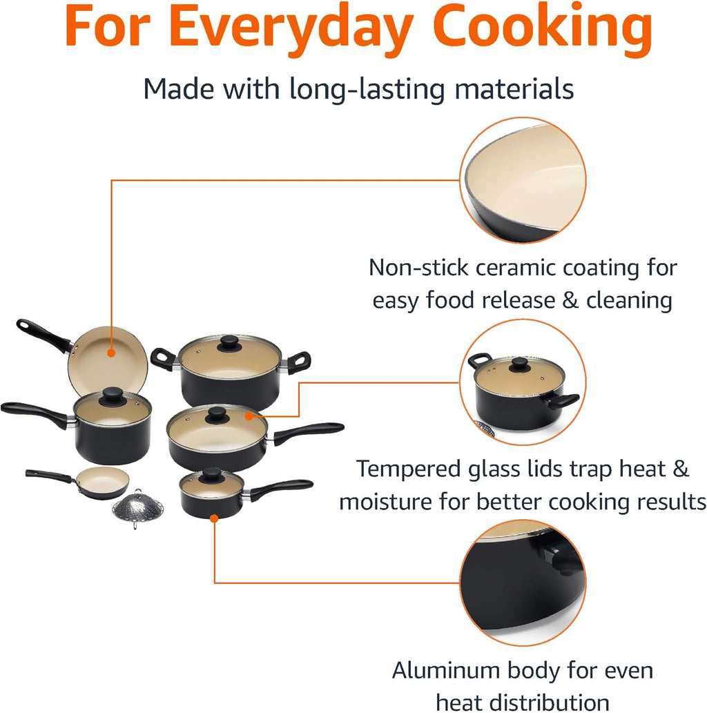 Amazon Basics 11-Piece Ceramic Non-Stick Pots and Pans Set, Dishwasher & Oven Safe, Easy Clean, Glass Lids, Black/Cream