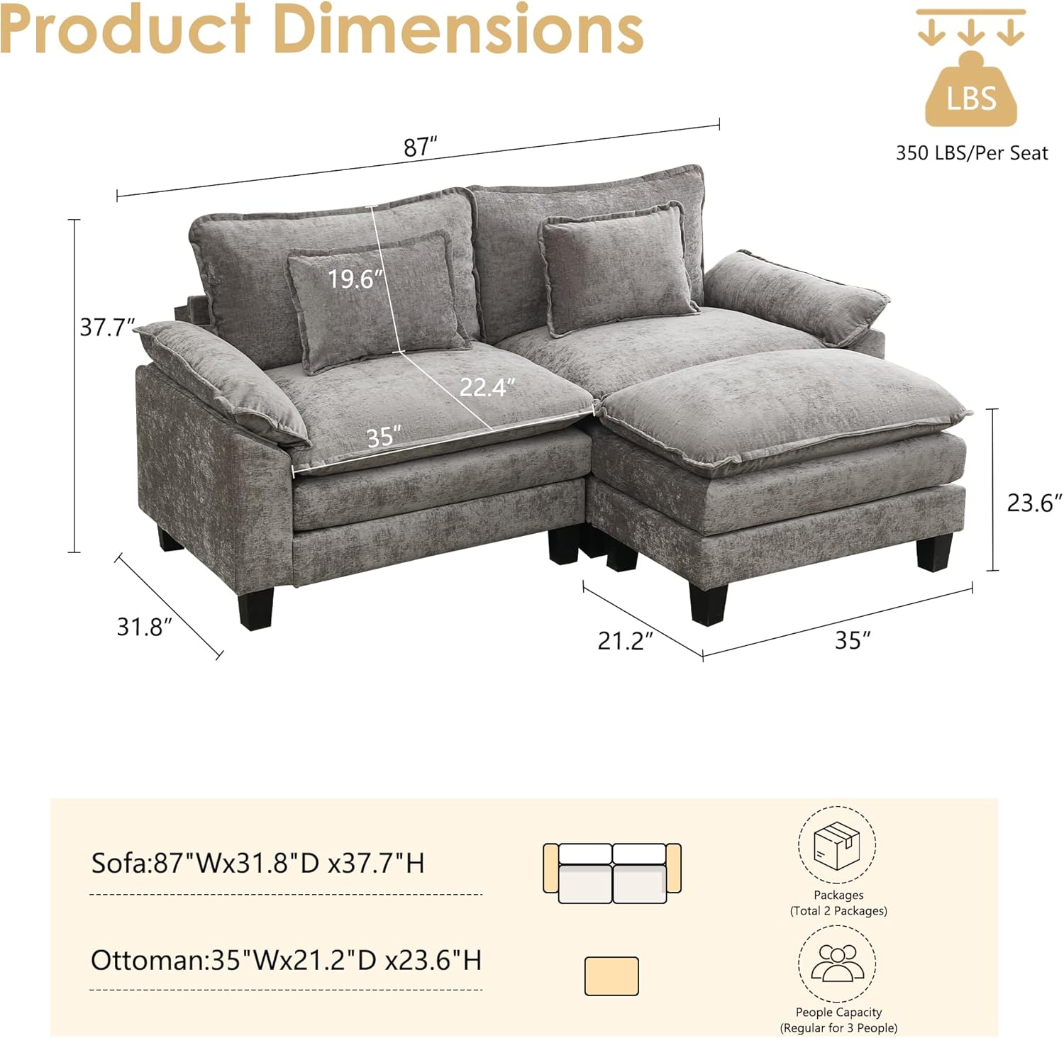 URRED Cloud Couch Modular Sectional Sofa, 87" Modern L Shaped Deep Seat Sofa with Ottoman & Pillows, Ultra Comfy Chenille Couches for Living Room, Bedroom or Apartment, Grey