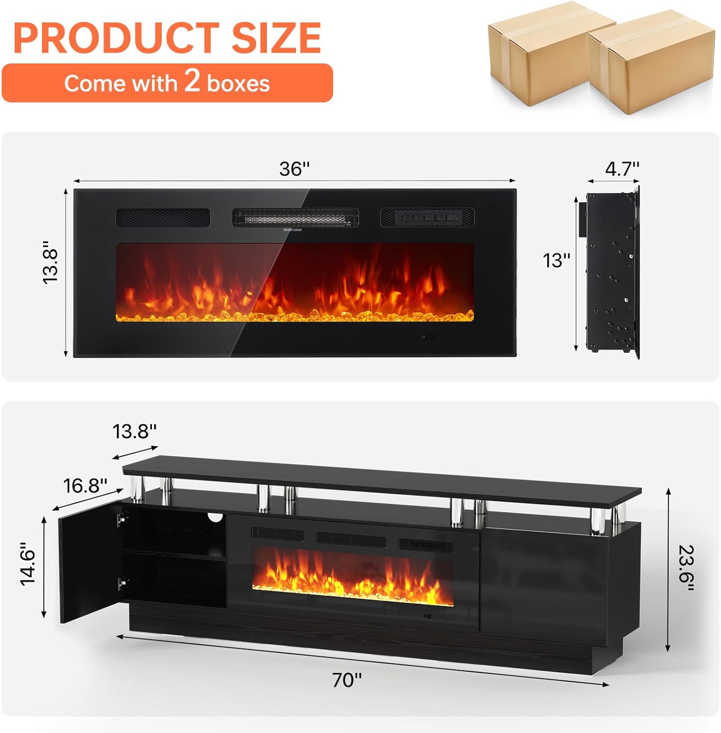 MXV 70" Fireplace TV Stand, Modern Entertainment Center & 36 Inch Electric Fireplace with Remote Control, LED Light, Fire Place Tv Stand for Living Room for TVs up to 80", Black + Black