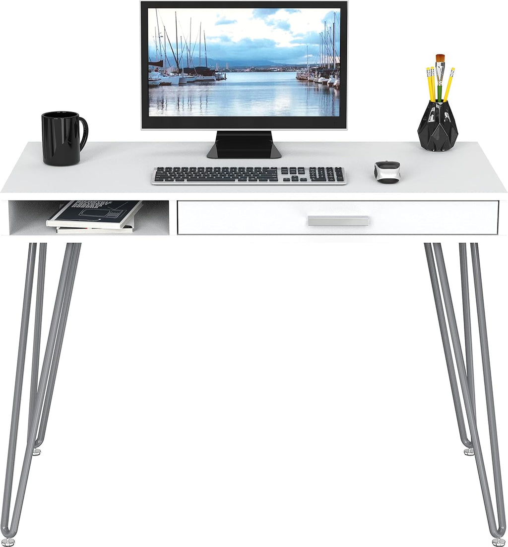 SHW Home Office Computer Hairpin Leg Desk with Drawer, White