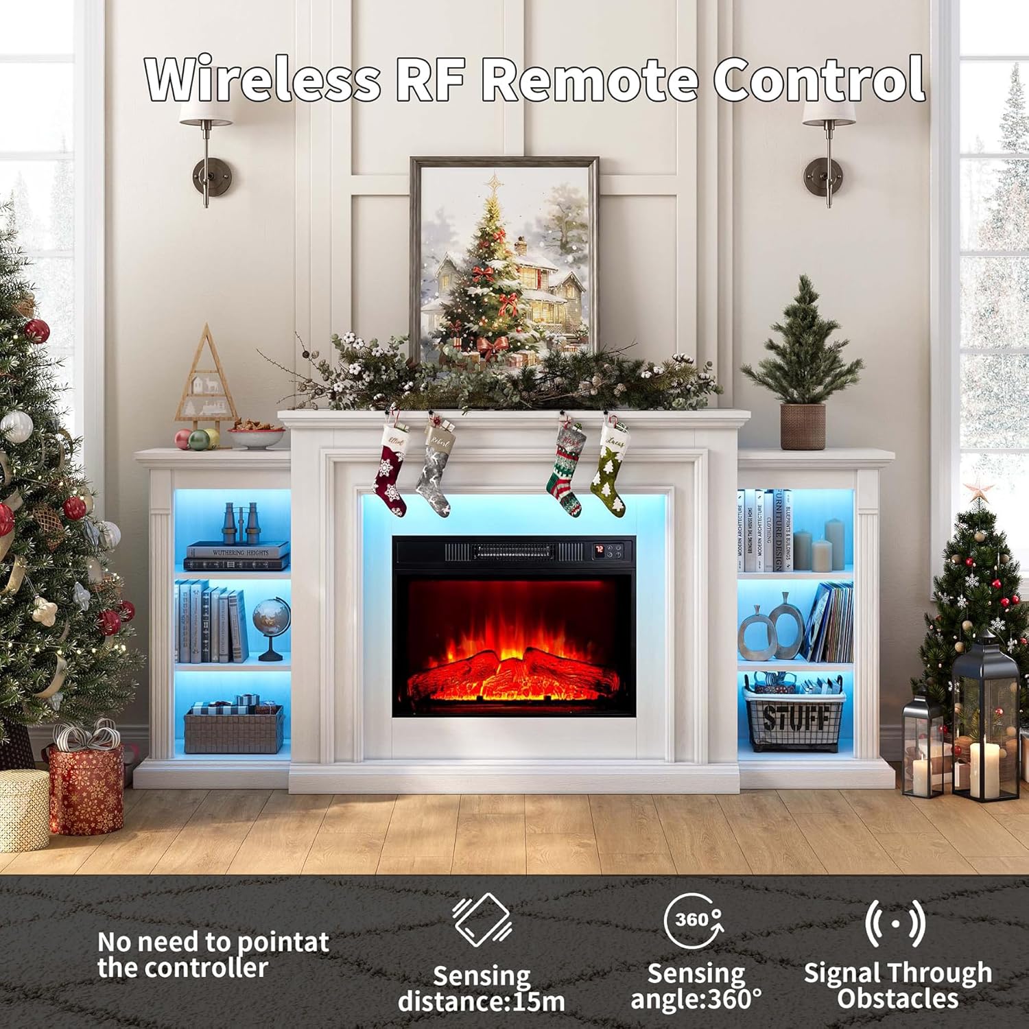 72" LED Lights Electric Fireplace with Mantel, Fireplace TV Stand for TVs Up to 80",Modern Entertainment Center with Storage, Delicate Three-Dimensional Molding with Remote Control for Living Room